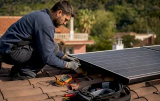 Tecnico che controlla un pannello solare sul tetto