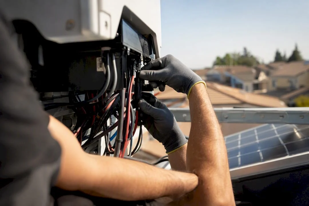 Tecnico che esegue manutenzione fotovoltaica in loco