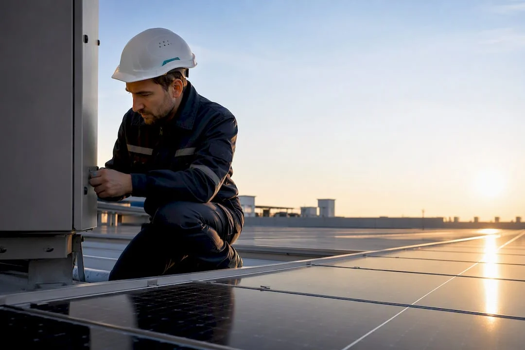 Tecnico durante il controllo di revamping di un impianto fotovoltaico
