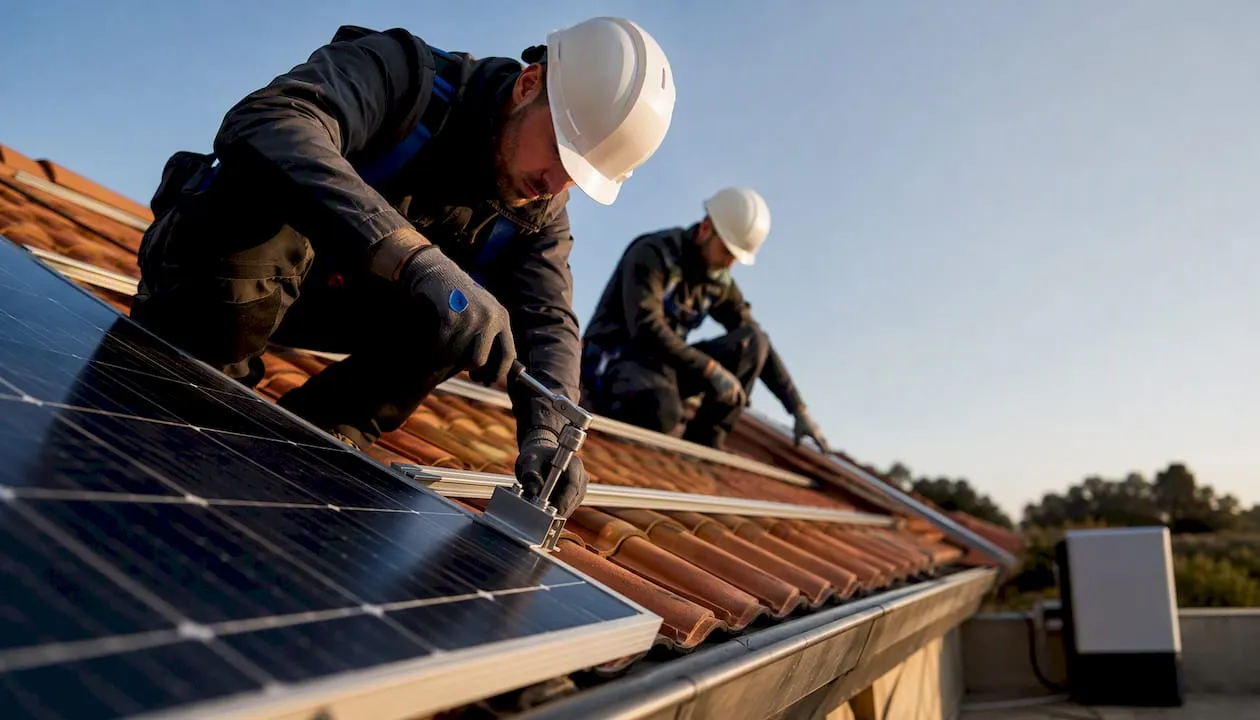 Tecnici al lavoro durante l'installazione di pannelli fotovoltaici