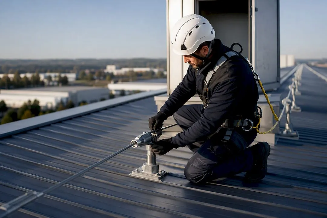 Tecnico durante l'ispezione della linea vita