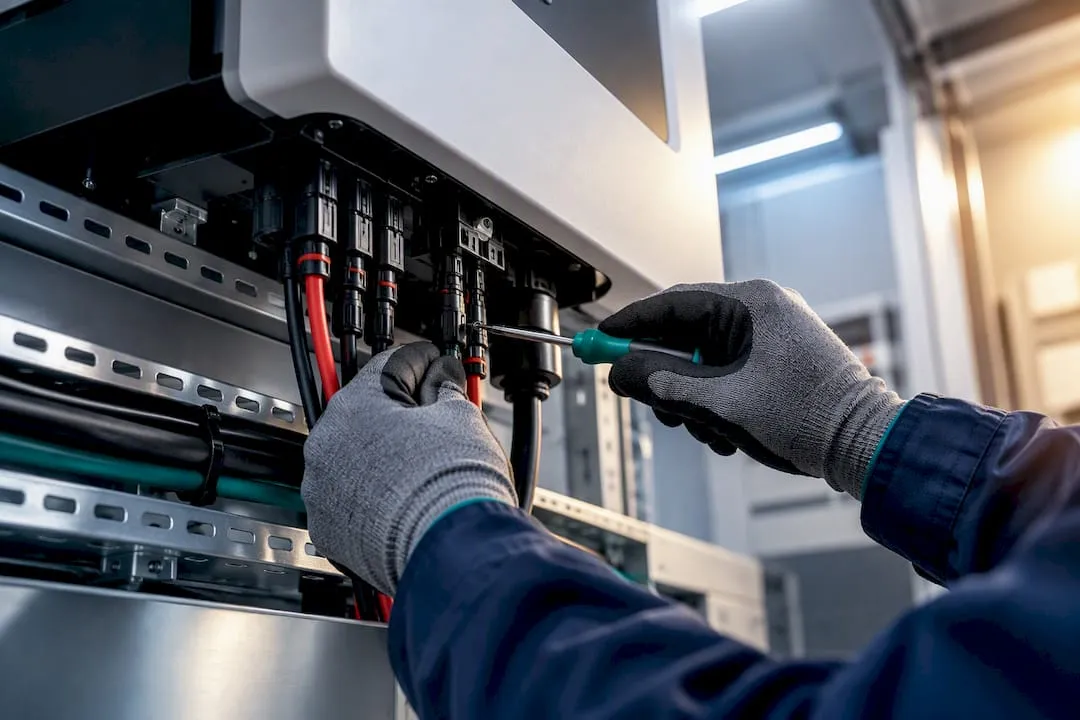 Tecnico durante la sostituzione dell'inverter fotovoltaico