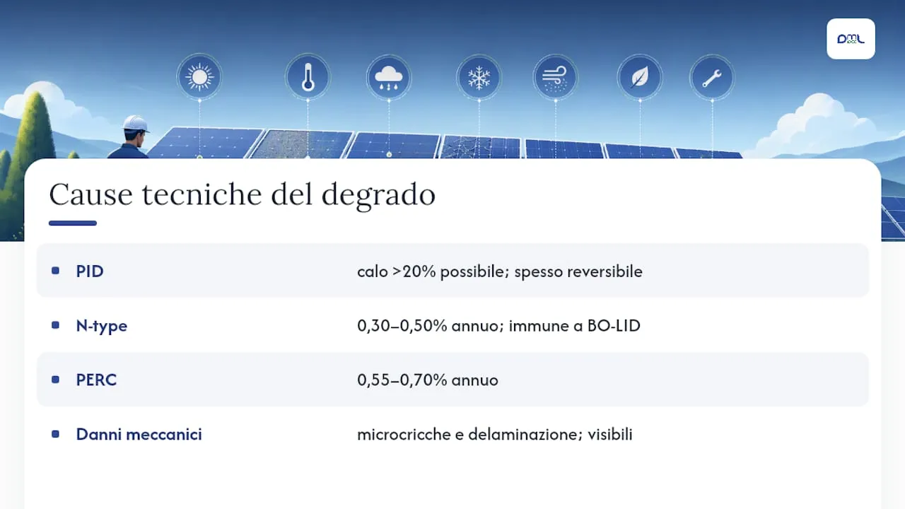 Quali sono le cause tecniche del degrado fotovoltaico — overview diagram