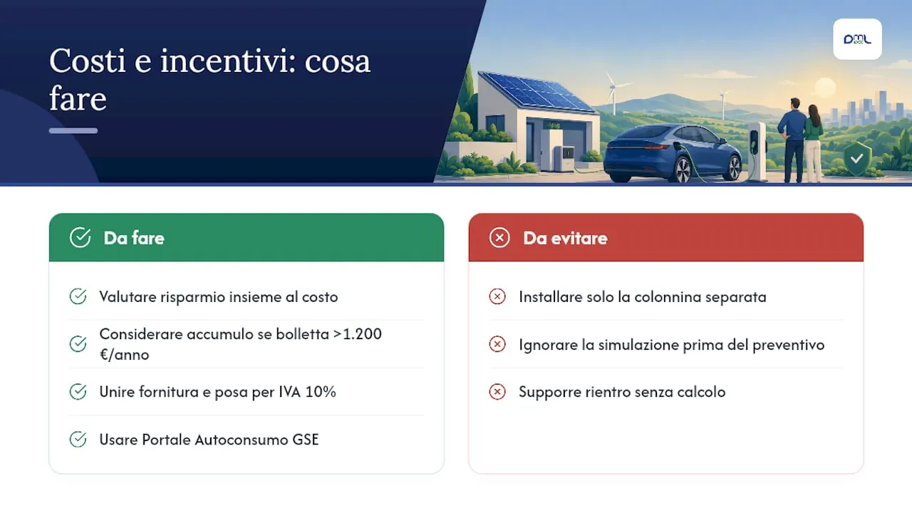 Costi, risparmi e incentivi per la ricarica solare — overview diagram