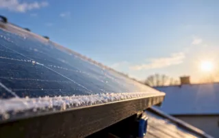Pannello fotovoltaico con brina sotto il sole invernale