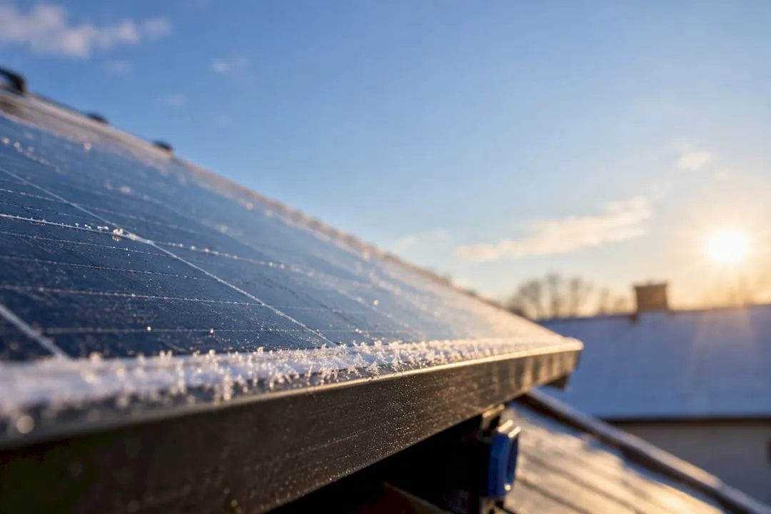 Pannello fotovoltaico con brina sotto il sole invernale