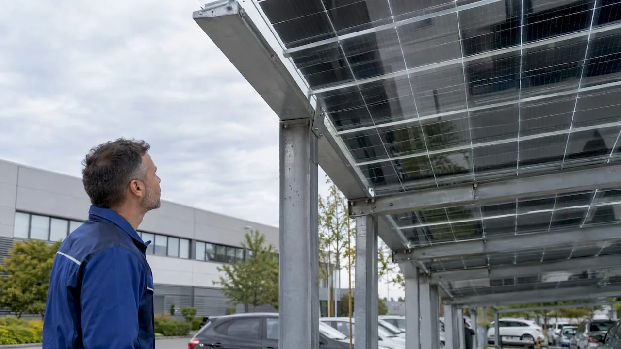 Moduli fotovoltaici con vetro su entrambe le facce installati su pensilina aziendale