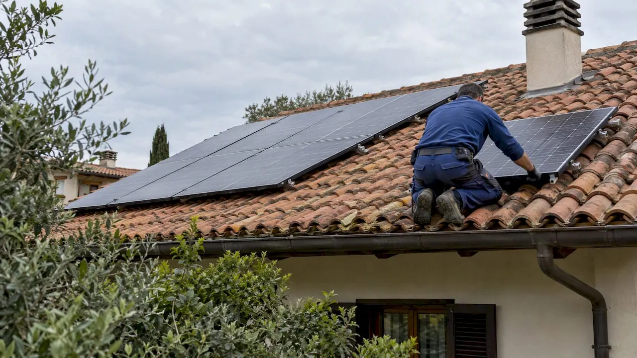 Pannelli fotovoltaici installati su un tetto tradizionale in coppi