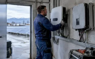 Tecnico che sostituisce l'inverter di un impianto fotovoltaico