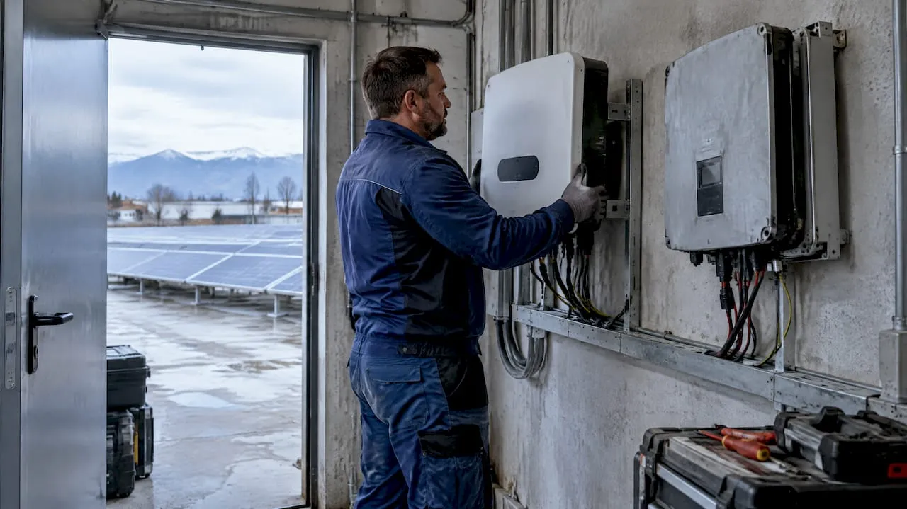 Tecnico che sostituisce l'inverter di un impianto fotovoltaico