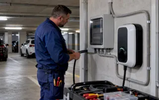 L'elettricista controlla la futura wallbox del condominio