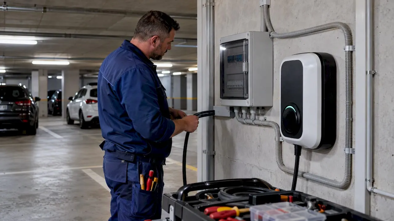 L'elettricista controlla la futura wallbox del condominio