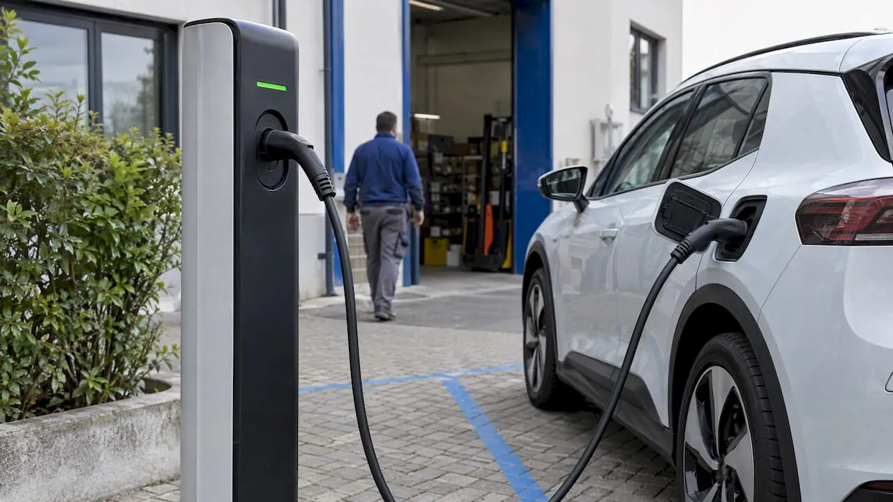 Punto di ricarica aziendale collegato a un'auto elettrica
