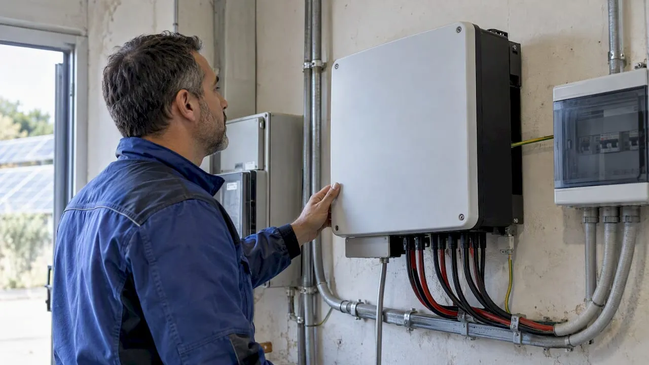 L'installatore verifica l'inverter fotovoltaico e i condotti in corrente continua
