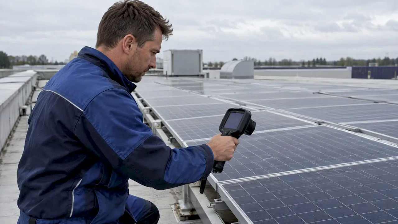 Tecnico che esegue una termografia su moduli fotovoltaici
